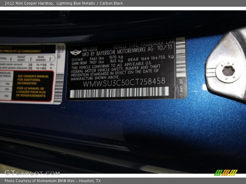 Lightning Blue Metallic / Carbon Black 2012 Mini Cooper Hardtop