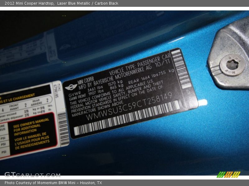 Laser Blue Metallic / Carbon Black 2012 Mini Cooper Hardtop