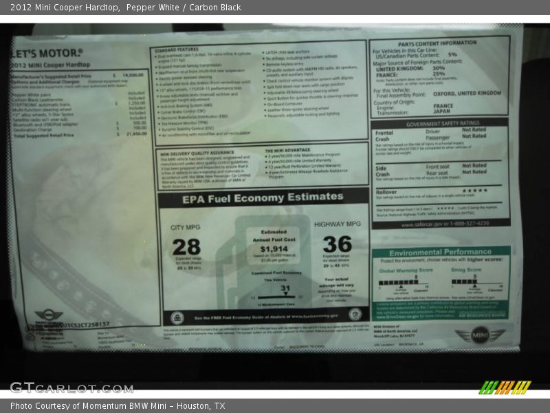 Pepper White / Carbon Black 2012 Mini Cooper Hardtop