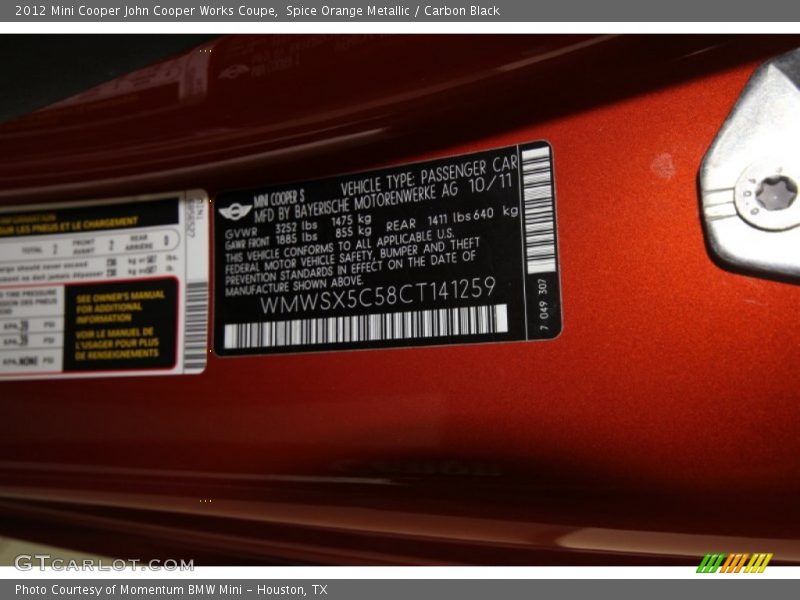 Spice Orange Metallic / Carbon Black 2012 Mini Cooper John Cooper Works Coupe