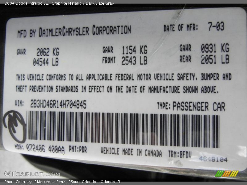 Graphite Metallic / Dark Slate Gray 2004 Dodge Intrepid SE