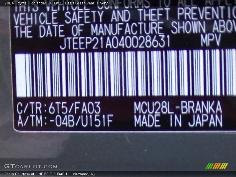 2004 Highlander V6 4WD Oasis Green Pearl Color Code 6T5