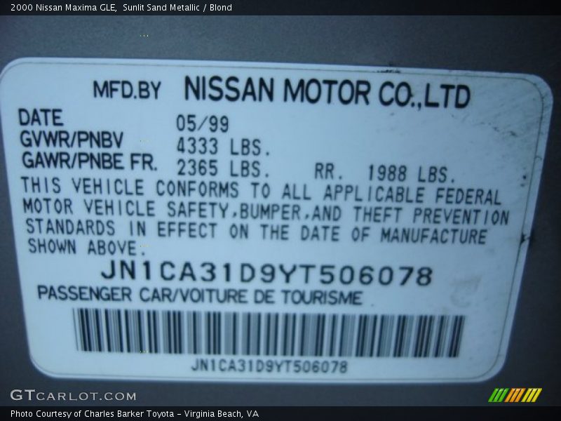 Sunlit Sand Metallic / Blond 2000 Nissan Maxima GLE