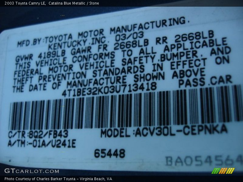 Catalina Blue Metallic / Stone 2003 Toyota Camry LE