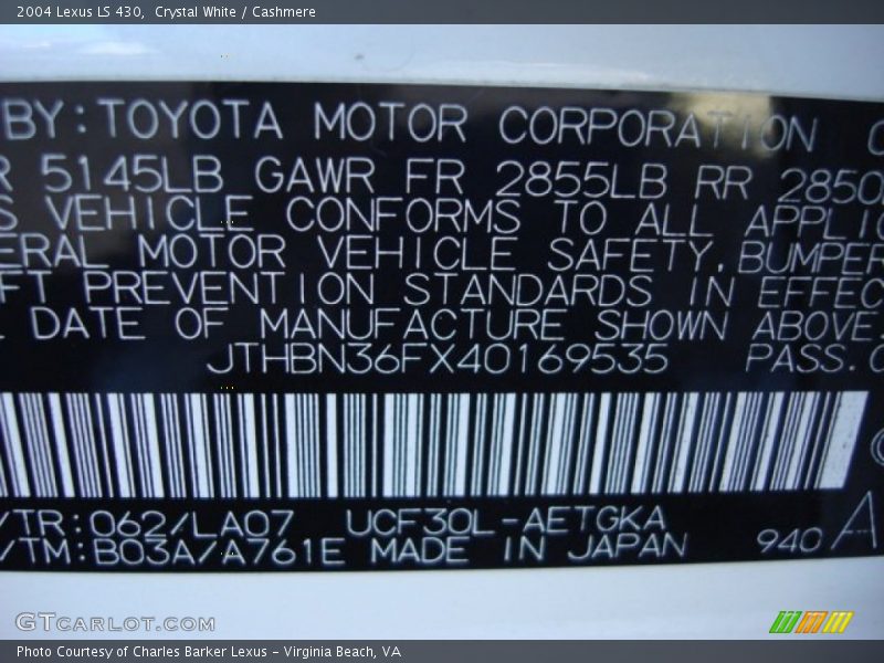 Crystal White / Cashmere 2004 Lexus LS 430