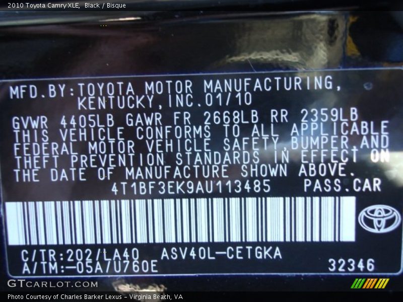 2010 Camry XLE Black Color Code 202