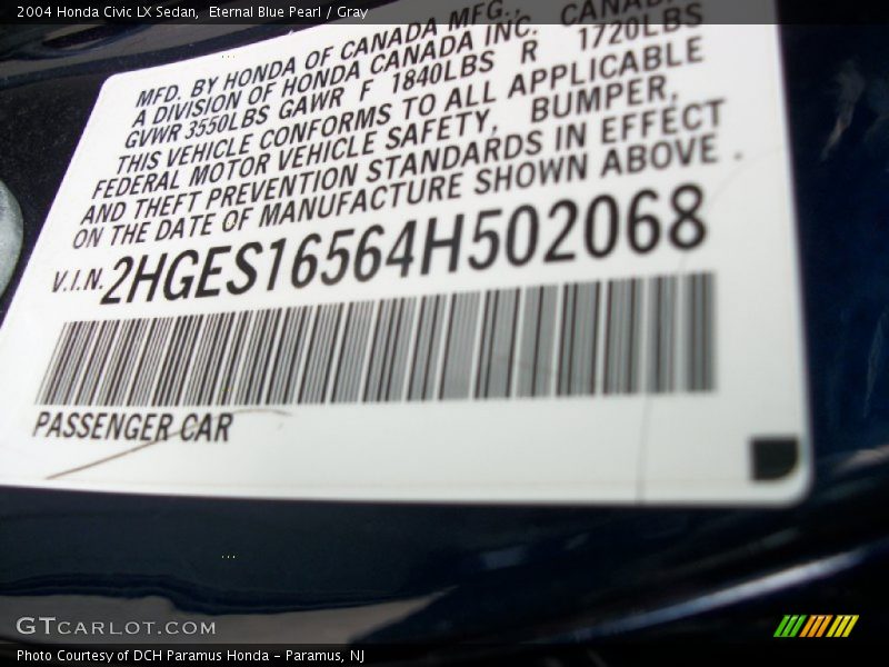 Eternal Blue Pearl / Gray 2004 Honda Civic LX Sedan