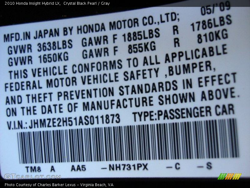 Crystal Black Pearl / Gray 2010 Honda Insight Hybrid LX