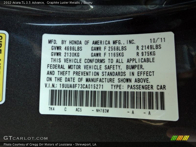 2012 TL 3.5 Advance Graphite Luster Metallic Color Code NH782