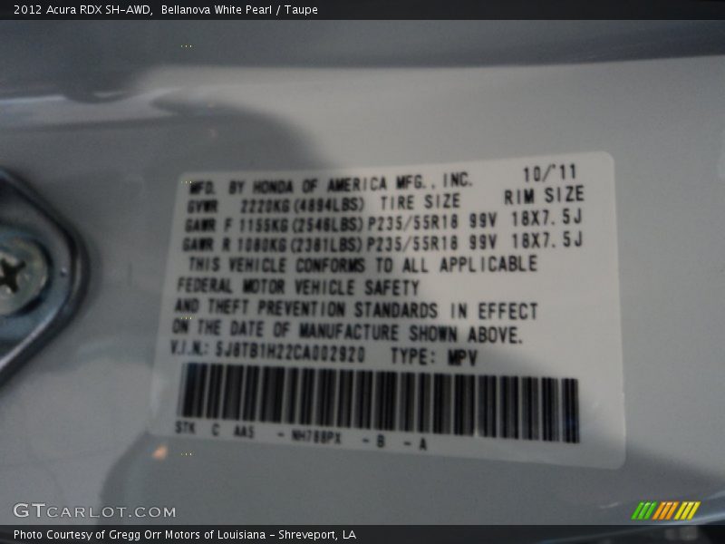 2012 RDX SH-AWD Bellanova White Pearl Color Code NH788