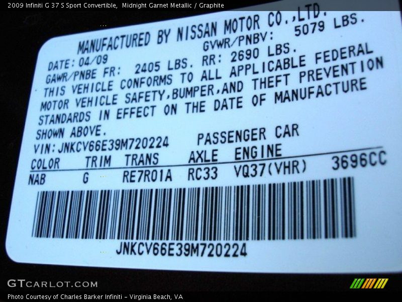 2009 G 37 S Sport Convertible Midnight Garnet Metallic Color Code NAB