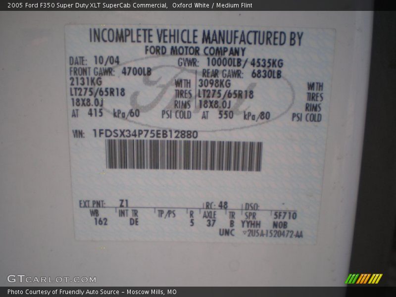 2005 F350 Super Duty XLT SuperCab Commercial Oxford White Color Code Z1