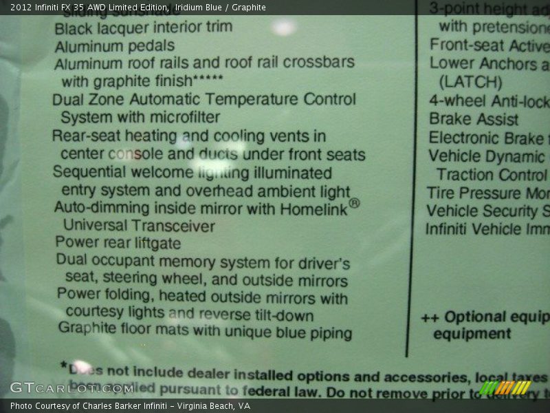  2012 FX 35 AWD Limited Edition Window Sticker