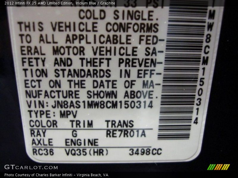 2012 FX 35 AWD Limited Edition Iridium Blue Color Code RAY