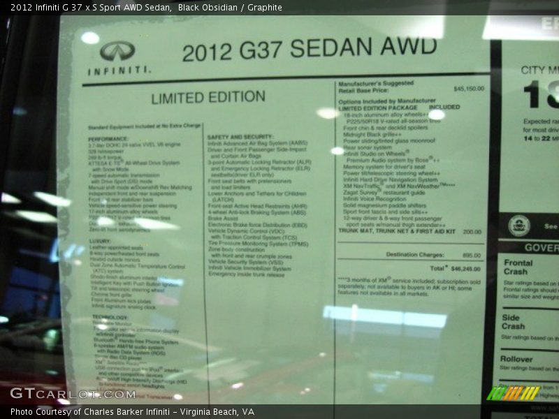  2012 G 37 x S Sport AWD Sedan Window Sticker
