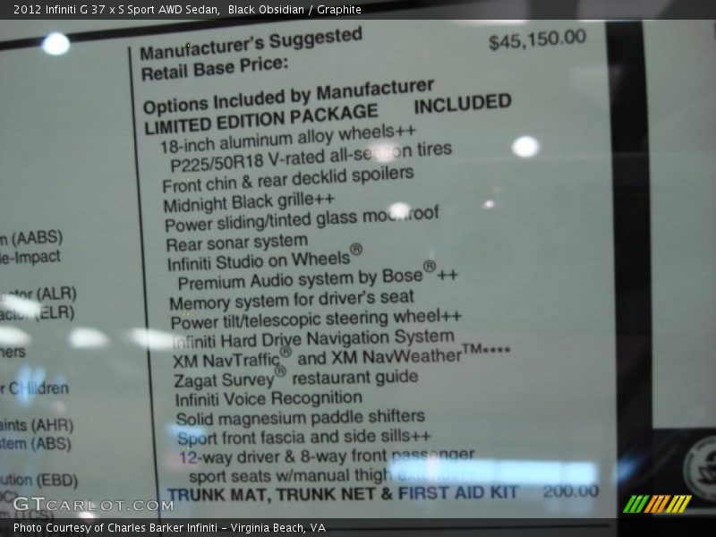  2012 G 37 x S Sport AWD Sedan Window Sticker