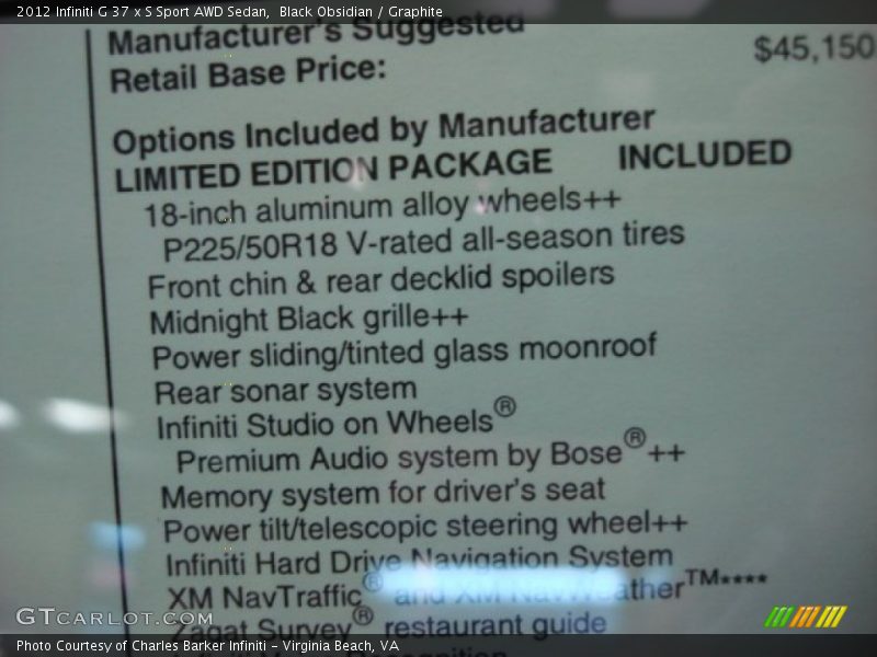  2012 G 37 x S Sport AWD Sedan Window Sticker