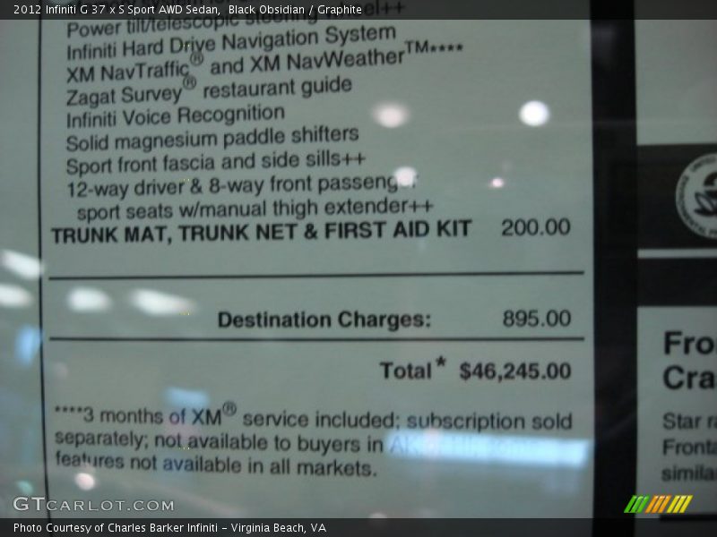 2012 G 37 x S Sport AWD Sedan Window Sticker
