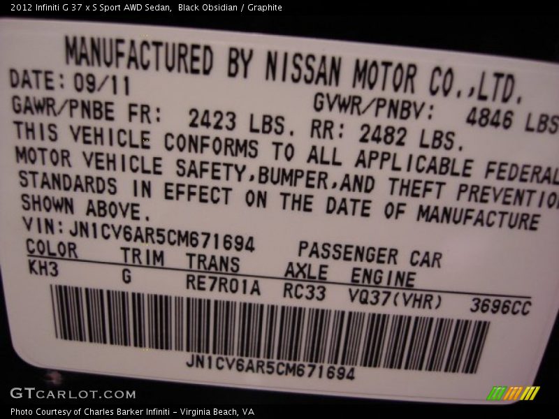 2012 G 37 x S Sport AWD Sedan Black Obsidian Color Code KH3