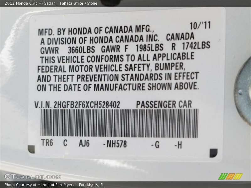 2012 Civic HF Sedan Taffeta White Color Code NH578