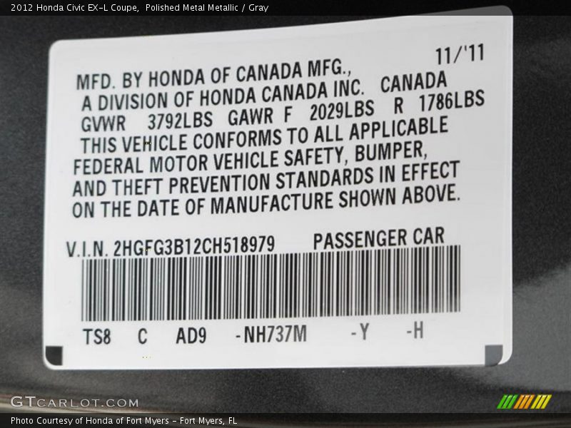 2012 Civic EX-L Coupe Polished Metal Metallic Color Code NH737M