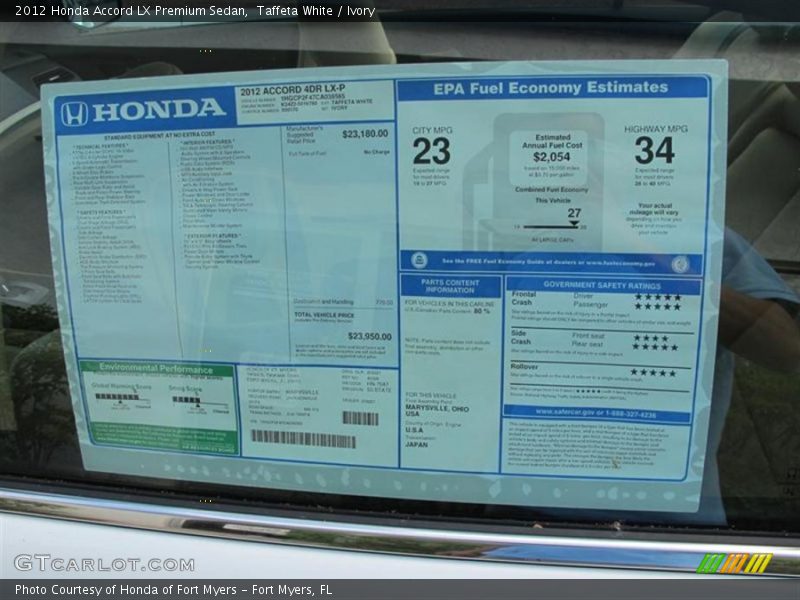  2012 Accord LX Premium Sedan Window Sticker