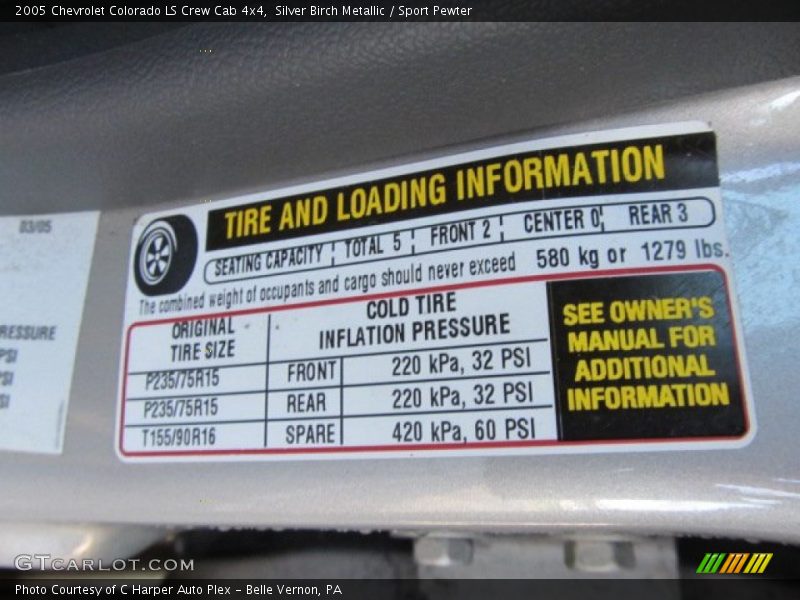 Tire Pressure tag - 2005 Chevrolet Colorado LS Crew Cab 4x4