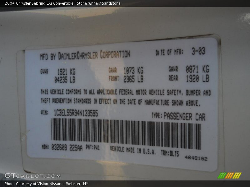 Stone White / Sandstone 2004 Chrysler Sebring LXi Convertible