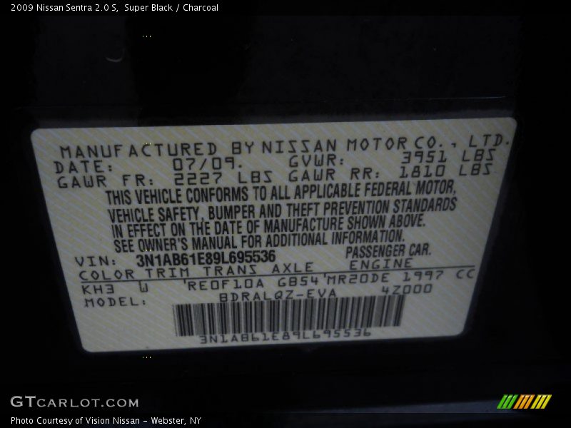 Super Black / Charcoal 2009 Nissan Sentra 2.0 S