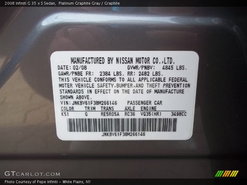 2008 G 35 x S Sedan Platinum Graphite Gray Color Code K51