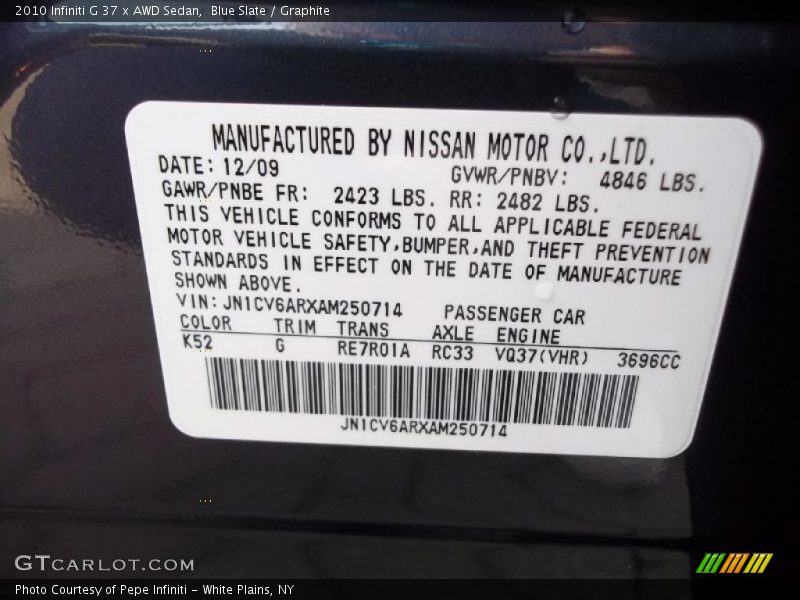 2010 G 37 x AWD Sedan Blue Slate Color Code K52