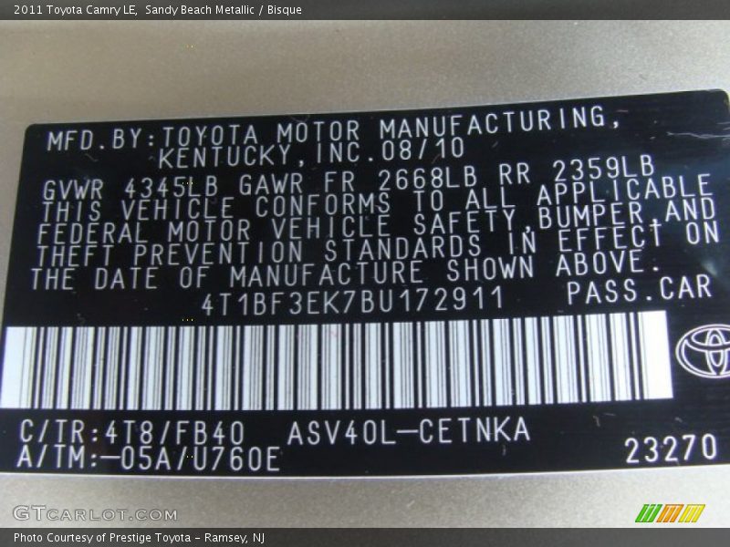 2011 Camry LE Sandy Beach Metallic Color Code 4T8