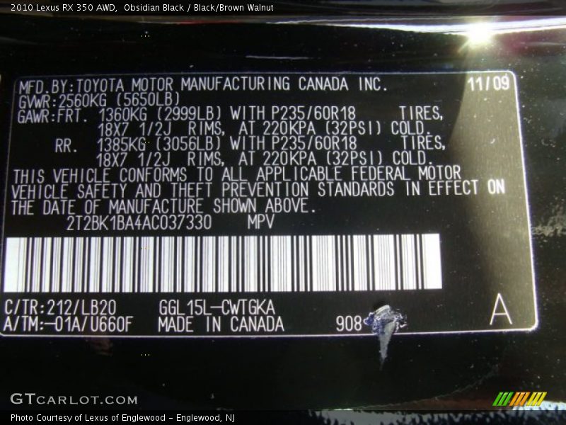 Obsidian Black / Black/Brown Walnut 2010 Lexus RX 350 AWD