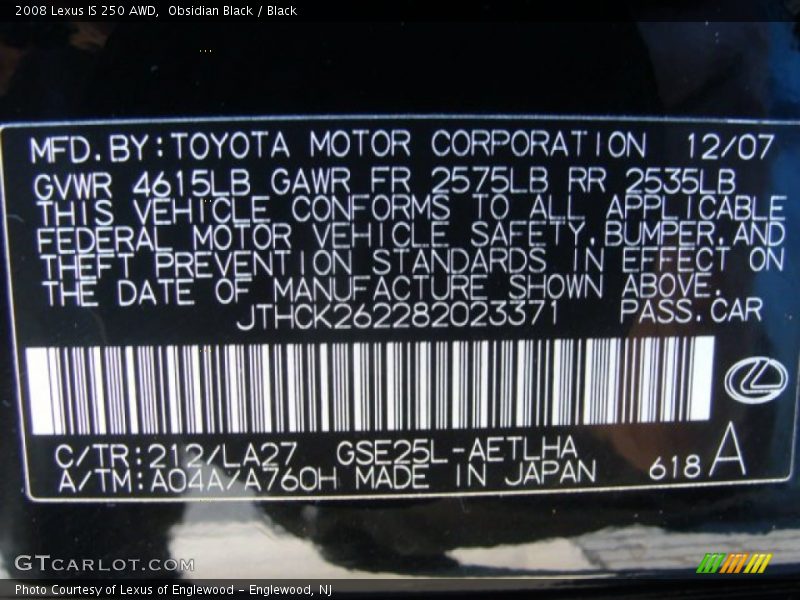 Obsidian Black / Black 2008 Lexus IS 250 AWD