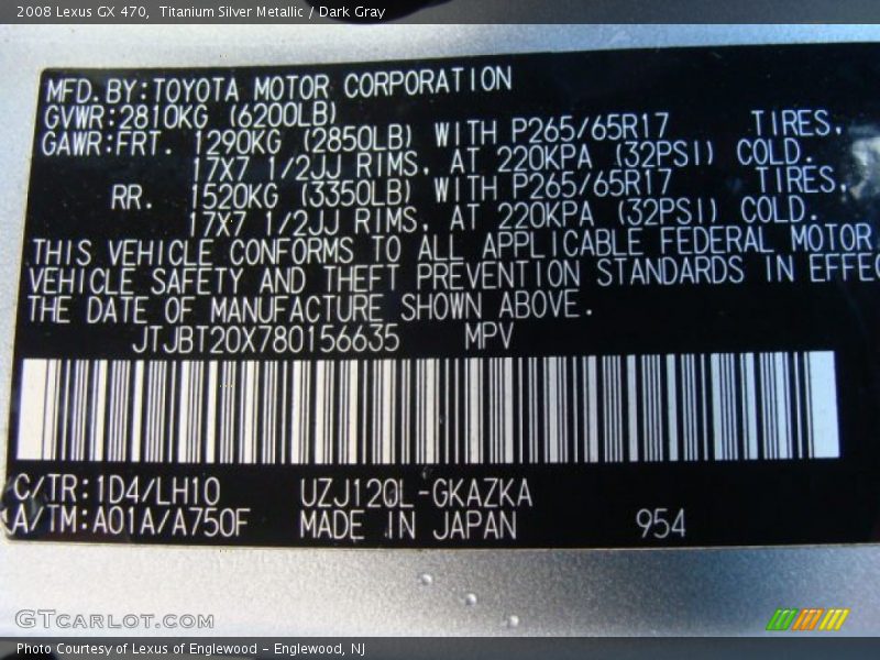 Titanium Silver Metallic / Dark Gray 2008 Lexus GX 470