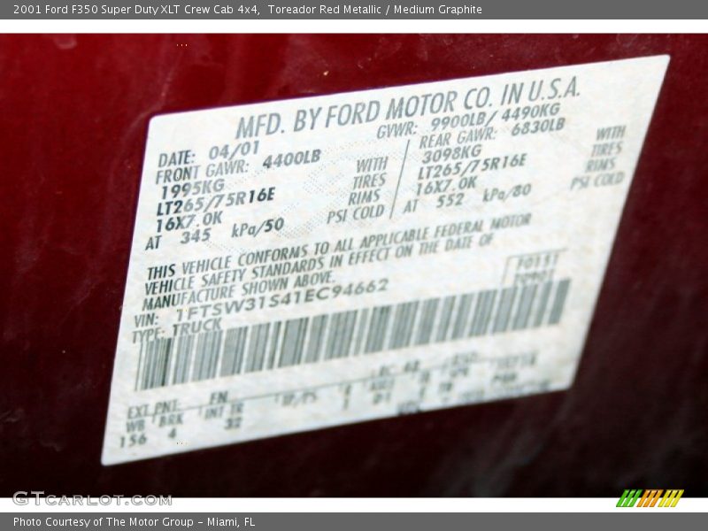 2001 F350 Super Duty XLT Crew Cab 4x4 Toreador Red Metallic Color Code FN