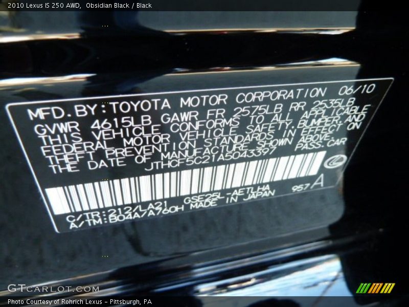 Obsidian Black / Black 2010 Lexus IS 250 AWD