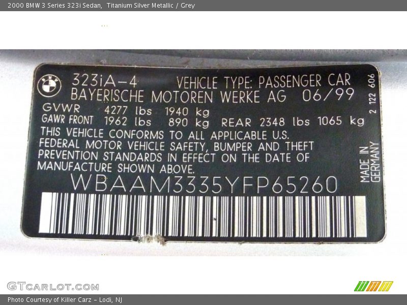 Info Tag of 2000 3 Series 323i Sedan