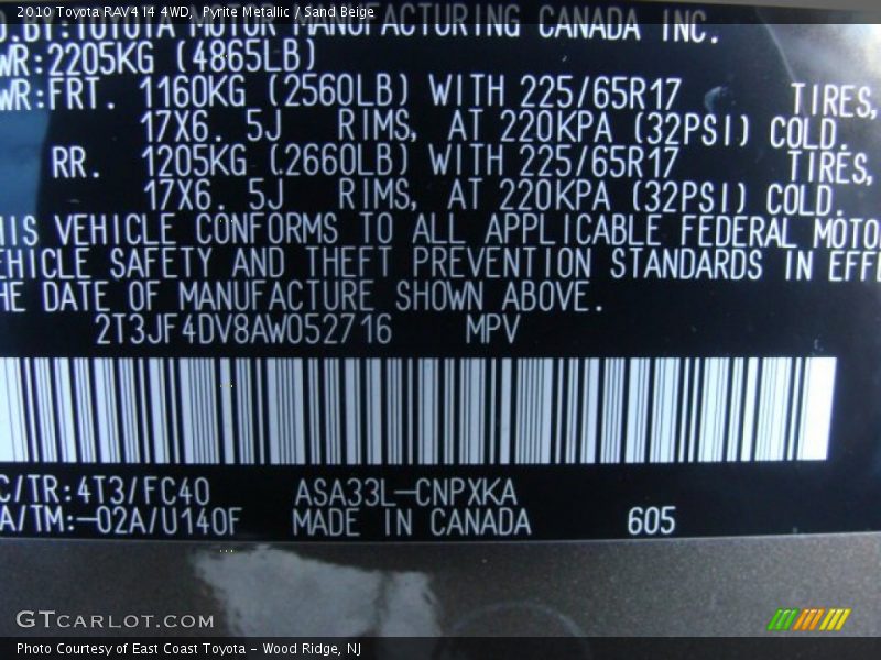 2010 RAV4 I4 4WD Pyrite Metallic Color Code 4T3