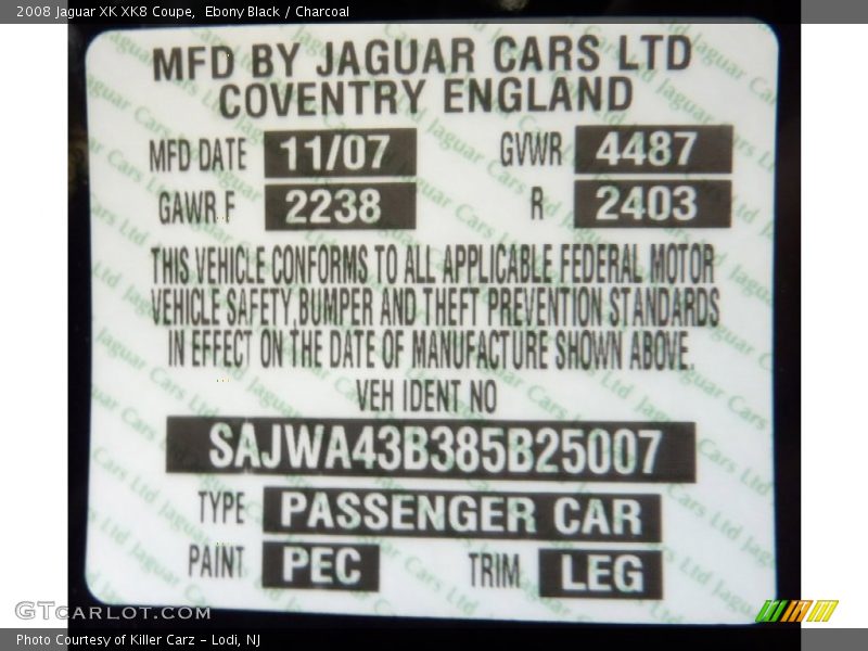 Ebony Black / Charcoal 2008 Jaguar XK XK8 Coupe