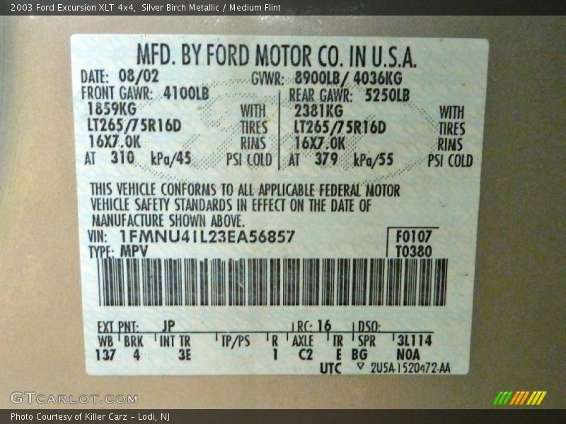2003 Excursion XLT 4x4 Silver Birch Metallic Color Code JP