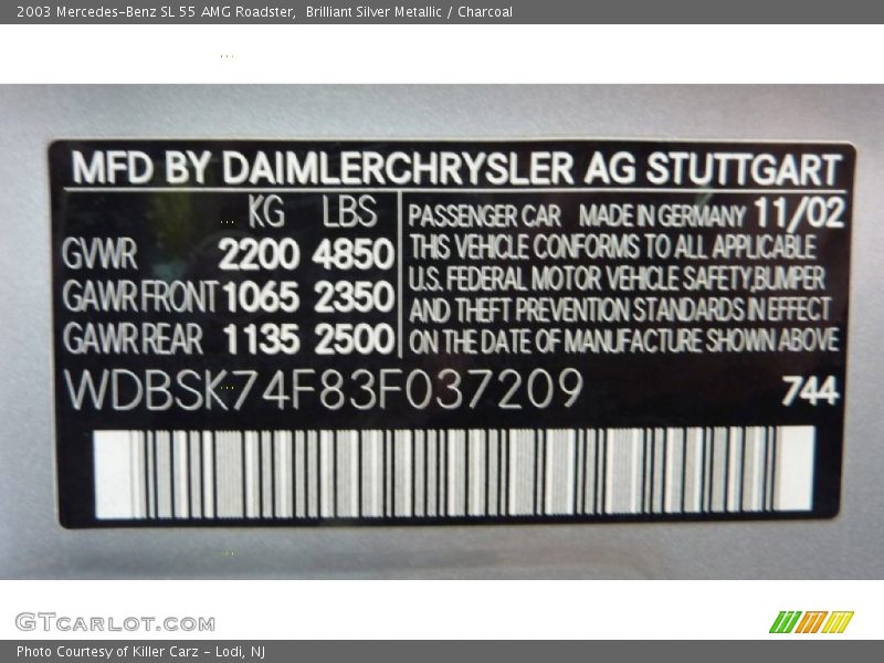 2003 SL 55 AMG Roadster Brilliant Silver Metallic Color Code 744