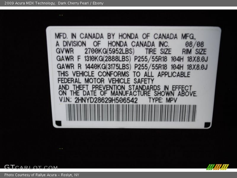 Dark Cherry Pearl / Ebony 2009 Acura MDX Technology