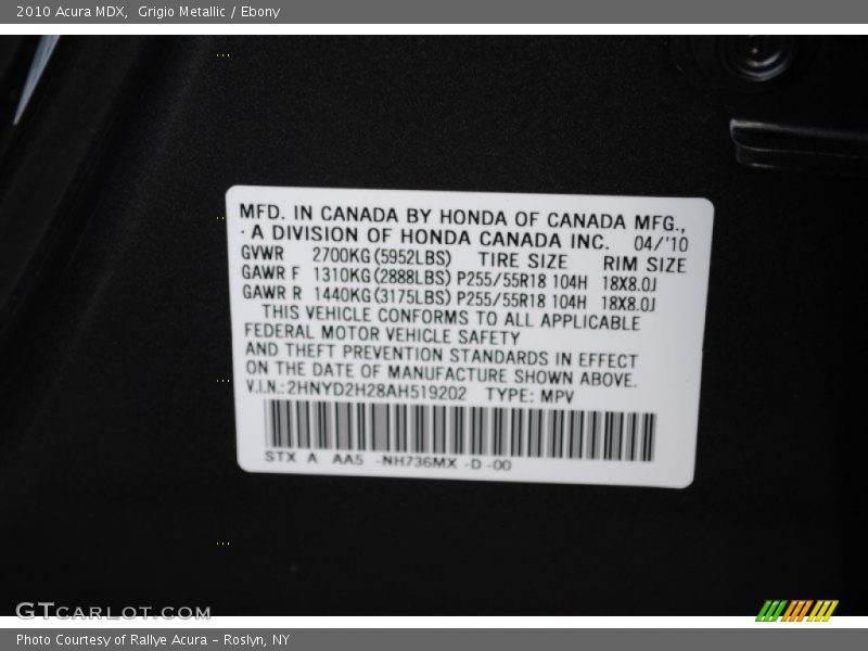 2010 MDX  Grigio Metallic Color Code NH736MX