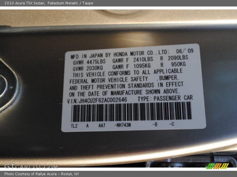 2010 TSX Sedan Palladium Metallic Color Code NH743M