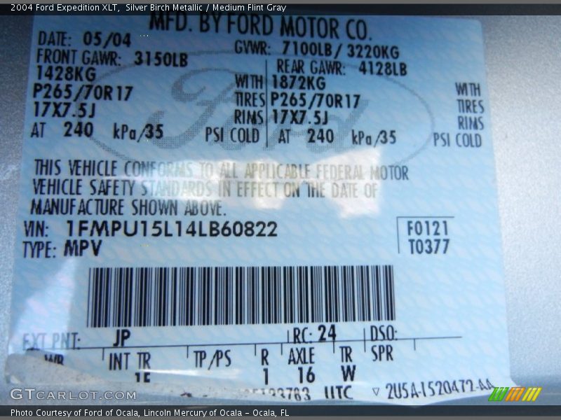 2004 Expedition XLT Silver Birch Metallic Color Code JP