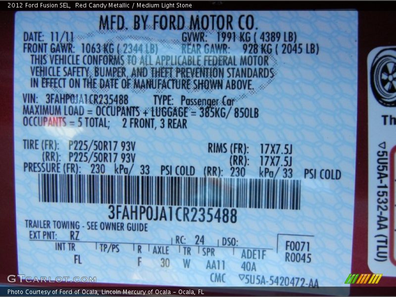 2012 Fusion SEL Red Candy Metallic Color Code RZ