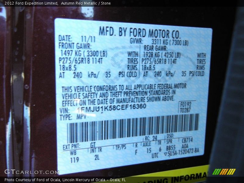 2012 Expedition Limited Autumn Red Metallic Color Code GT