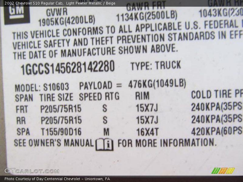 Light Pewter Metallic / Beige 2002 Chevrolet S10 Regular Cab