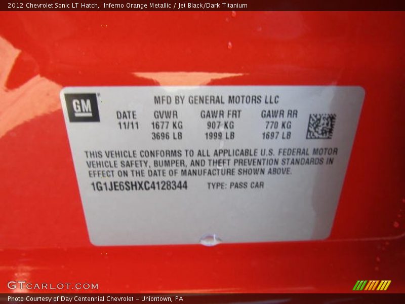 Info Tag of 2012 Sonic LT Hatch
